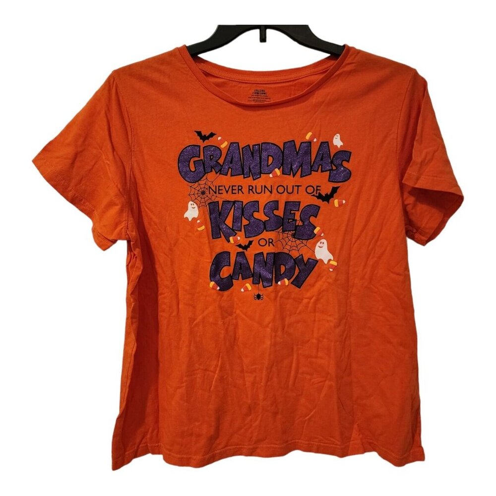 WOMENS 2XL ORANGE PURPLE GLITTER HALLOWEEN GRANDMA'S NEVER RUN OUT OF CANDY/KISS